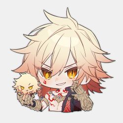 1boy armlet black_coat blonde_hair braid chest_tattoo chibi clawed_gauntlets coat commentary_request coojisan facial_tattoo gold_necklace gradient_hair hair_between_eyes highres honkai:_star_rail honkai_(series) jewelry korean_commentary male_focus medium_hair multicolored_hair mydei_(honkai:_star_rail) necklace open_clothes open_coat red_hair red_tattoo side_braid simple_background smirk solo tattoo v-shaped_eyebrows white_background yellow_eyes