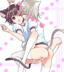 2girls animal_ears ass brown_eyes brown_hair buruma cat_ears cat_tail es es_(cah60700) closed_eyes flat_chest gym_uniform kiss lowres multiple_girls original panties short_hair spread_legs tail thighhighs underwear yuri
