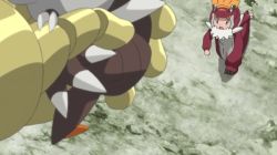 1girl animated animated_gif blue_eyes bonnie_(pokemon) child claws cosplay gen_6_pokemon jumping mechanical_arms nintendo pokemon pokemon_(anime) pokemon_(creature) pokemon_xy_(anime) running screencap tail tyrantrum tyrantrum_(cosplay) tyrunt
