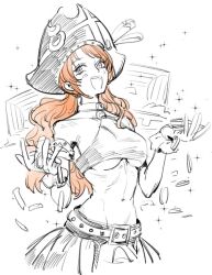 1girl arm_strap bare_shoulders belt belt_buckle breasts buckle choker coin collarbone crop_top glint gloves groin halterneck hat hat_feather holding holding_coin light_blush long_hair looking_at_viewer low_twintails medium_breasts midriff money monochrome nami_(one_piece) narrow_waist navel official_alternate_costume official_alternate_hairstyle one_piece one_piece_film:_red open_mouth orange_hair pirate_hat pleated_skirt raine_(acke2445) skirt solo sparkle spot_color stomach twintails underboob upper_body wavy_hair