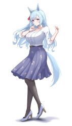 1girl absurdres animal_ears belt black_pantyhose blue_hair bracelet braid brown_belt closed_mouth floral_print full_body high_heels highres horse_ears horse_girl horse_tail index_finger_raised jewelry long_hair long_sleeves looking_at_viewer mejiro_ardan_(umamusume) pantyhose purple_skirt shadow shirt shirt_tucked_in shoes simple_background skirt smile solo standing tail taro_(peach_taro51) umamusume white_background white_shirt white_shoes