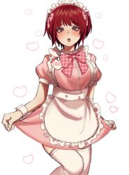 1girl :o alternate_costume apron blush bow bowtie breasts cowboy_shot danganronpa_(series) danganronpa_2:_goodbye_despair dress enmaided freckles hair_bow heart highres koizumi_mahiru kun_(oxx_kn_xxo) large_breasts maid pink_bow pink_bowtie pink_dress plaid_bow plaid_bowtie plaid_clothes puffy_short_sleeves puffy_sleeves red_hair short_hair short_sleeves solo thighhighs waist_apron white_background white_thighhighs