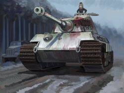 Rule 34 | 1girl, absurdres, black hat, black jacket, girls und panzer, grey hair, gun, hat, highres, itsumi erika, jacket, kuromorimine military uniform, machine gun, mg34, military hat, military vehicle, motor vehicle, panther (tank), red shirt, shirt, soldat (dndosld73832), solo, tank, truck, vehicle focus, vehicle request, weapon
