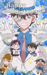 Rule 34 | 1girl, 4boys, beeemaru02, blue eyes, blue flower, blue rose, blue shirt, blush, brown hair, capelet, commentary request, edogawa conan, fang, flower, glasses, gloves, hakuba saguru, hat, hattori heiji, heart, highres, kaitou kid, kuroba kaito, long hair, magic kaito, meitantei conan, monocle, multiple boys, nakamori aoko, necktie, one eye closed, rose, shirt, short hair, smile, string, thick eyebrows, white gloves