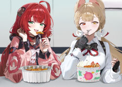 2girls absurdres alice_thymefield bow bowtie brown_hair cardigan chest_bow fingerless_gloves gloves green_eyes highres multiple_girls orange_eyes pink_cardigan red_hair shirt signallerc ukinami_yuzuha very_long_ears white_bow white_bowtie white_shirt zenless_zone_zero