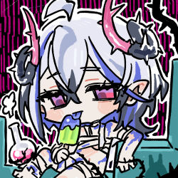 Rule 34 | 1girl, beaker, belladonna (neural cloud), blue hair, blue tongue, chibi, chibi only, chinese commentary, colored tongue, crack, cui pi zha xia qiu, food, girls&#039; frontline, girls&#039; frontline neural cloud, holding, holding food, holding popsicle, horns, official art, popsicle, reclining, red eyes, second-party source, solo, thorns, tongue, tongue out, white hair