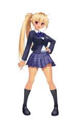 1girl black_socks blazer blonde_hair blue_skirt blush bow bowtie breasts dark-skinned_female dark_skin fang full_body hand_on_own_hip highres jacket kamitsurugi_ouka kneehighs kouyoku_senki_exs-tia_concert large_breasts loafers long_hair long_sleeves looking_at_viewer official_art oosumi_kanon open_mouth pink_eyes plaid_clothes plaid_skirt pleated_skirt red_eyes school_uniform shirt shoes side_ponytail skirt smile socks solo standing tachi-e tan transparent_background very_long_hair