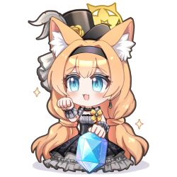 1girl :3 absurdres animal_ear_fluff animal_ears black_dress blue_archive blue_eyes breasts cat_ears cat_girl chibi dress earrings extra_ears halo hat highres jewelry long_hair low_twintails mari_(blue_archive) mari_(idol)_(blue_archive) official_alternate_costume open_mouth orange_hair pyroxene_(blue_archive) simple_background small_breasts solo th3cr0ma top_hat twintails white_background yellow_halo