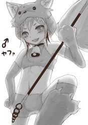 1boy ajie_(sura-kun) animal_feet animal_hands bell commentary_request cowbell foot_out_of_frame fox_boy fox_hat genderswap genderswap_(ftm) greyscale holding holding_staff looking_at_viewer male_focus midriff monochrome moonlight_flower navel neck_bell open_mouth ragnarok_online short_hair simple_background smile solo staff
