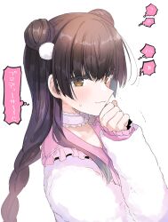 1girl :3 black_hair blush braid braided_ponytail brown_eyes closed_mouth commentary_request double_bun hair_bun hand_up idolmaster idolmaster_shiny_colors long_hair long_sleeves looking_at_viewer mayuzumi_fuyuko shotan simple_background solo sweat upper_body white_background