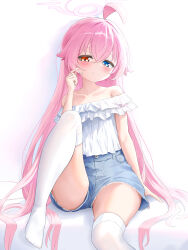 1girl absurdres ahoge alternate_costume blue_archive casual commentary crossed_bangs denim denim_shorts dusttomato frilled_shirt frills halo heterochromia highres hoshino_(blue_archive) huge_ahoge jeans knee_up kneehighs looking_at_viewer off-shoulder_shirt off_shoulder pants pink_hair pink_halo shirt shorts sitting socks solo twirling_hair white_background white_shirt