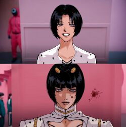 1boy angry before_and_after blood blood_on_face bruno_bucciarati highres jojo_no_kimyou_na_bouken male_focus meme polka_dot polka_dot_hair runo_ge smile squid_game sweater vento_aureo year_1_&amp;_year_2_(squid_game)_(meme)