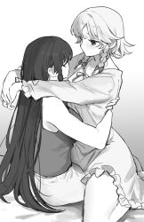 Rule 34 | 2girls, absurdres, alternate costume, arms around neck, arms around waist, bare arms, bare shoulders, bed sheet, bow, braid, closed mouth, frilled nightgown, frilled sleeves, frills, gradient background, greyscale, hair bow, highres, hong meiling, izayoi sakuya, light blush, long hair, long sleeves, looking at another, monochrome, multiple girls, nightgown, on bed, ribbon, sarukana, shirt, short hair with long locks, sidelocks, sitting, sleeveless, sleeveless shirt, straddling, tank top, touhou, twin braids, upright straddle, very long hair, yuri