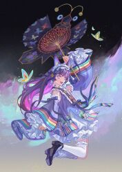 Rule 34 | animal ears, ao nhat binh, blue eyes, blue ribbon, bug, butterfly, detached sleeves, fake animal ears, flying, frilled headwear, frilled skirt, frilled sleeves, frilled thighhighs, frills, highres, insect, long hair, ly hao nguyen, original, patterned clothing, purple eyes, ribbon, shoes, skirt, smile, thighhighs, umbrella, vietnamese clothes, white thighhighs