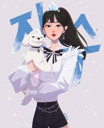 Rule 34 | 1girl, absurdres, animal, black eyeliner, black hair, black shorts, blackpink, blunt bangs, bow, bowtie, chalseu, commentary, cowboy shot, crown, dog, earrings, english commentary, eyeliner, eyeshadow, highres, holding, holding animal, jewelry, jisoo (blackpink), k-pop, looking ahead, looking at viewer, makeup, parted lips, ponytail, real life, red lips, shirt, shorts, twitter username, white shirt