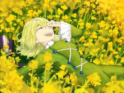 Rule 34 | 1girl, :d, black hat, closed eyes, commentary request, crying, dress, field, flower, flower field, frilled sleeves, frills, green dress, green hair, hat, highres, long sleeves, lying, on back, open mouth, ritsuzou, short hair, smile, soga no tojiko, solo, tate eboshi, teeth, touhou, unworn hat, unworn headwear, upper body, upper teeth only, yellow flower