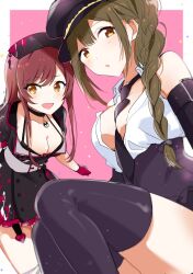 Rule 34 | 2girls, bat necklace, between breasts, black choker, black corset, black dress, black gloves, black headwear, black necktie, black thighhighs, blurry, blush, border, bow, braid, breasts, brown eyes, brown hair, choker, cleavage, collarbone, commentary, corset, cup, depth of field, dot nose, dress, elbow gloves, gloves, grey ribbon, hair bow, hair over shoulder, hair ribbon, hat, highres, idolmaster, idolmaster shiny colors, knees up, kuwayama chiyuki, large breasts, long hair, looking at viewer, medium breasts, multiple girls, necktie, necktie between breasts, open mouth, osaki amana, outside border, pink background, pipi o (pipioo08), red gloves, ribbon, shirt, short sleeves, simple background, single braid, sitting, sleeveless, sleeveless shirt, smile, swept bangs, thighhighs, white border, white shirt, yellow eyes