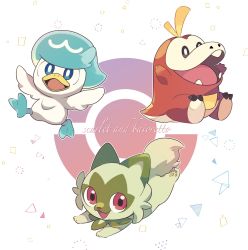 creatures_(company) english_text engrish_text fang fuecoco game_freak highres homa_corn nintendo no_humans pokemon pokemon_(creature) quaxly ranguage sprigatito starter_pokemon_trio
