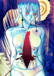 1girl blood blood_on_body chainsaw_man demon_girl expressionless fami_(chainsaw_man) highres medium_hair no_nipples no_organs nude panties red_eyes ringed_eyes solo spoilers taku_(aywakutakuay) underwear underwear_only white_panties