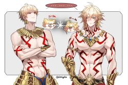 2boys 625light abs absurdres armor braid chest_tattoo chibi crossover earrings facial_tattoo fate_(series) gilgamesh_(fate) glaring gold_necklace highres honkai:_star_rail honkai_(series) jewelry male_focus multiple_boys muscular muscular_male mydei_(honkai:_star_rail) neck_tattoo necklace red_tattoo shoulder_tattoo tattoo