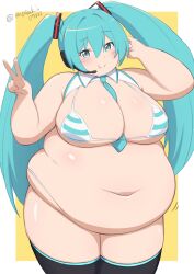 Rule 34 | 1girl, absurdres, aqua bikini, aqua eyes, aqua hair, arm behind head, belly, between breasts, big belly, bikini, black thighhighs, blush, breasts, cleavage, detached collar, earpiece, fat, fat woman, hair ornament, hatsune miku, headset, highleg, highleg bikini, highres, large breasts, long twintails, masakin, micro bikini, navel, necktie, necktie between breasts, obese, obese female, puffy cheeks, smile, solo, standing, striped bikini, striped clothes, swimsuit, thighhighs, twintails, v, vocaloid, white bikini