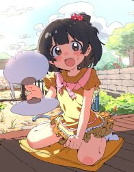 1girl 74iiii_namu black_hair blush brown_eyes day food hair_bobbles hair_ornament highres idolmaster idolmaster_million_live! looking_at_viewer nakatani_iku one_side_up open_mouth shirt short_hair short_sleeves sitting skirt smile solo