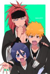 1girl 2boys :d abarai_renji black_hair black_headband black_kimono bleach blush_stickers border brown_eyes chest_tattoo commentary_request cowboy_shot double-parted_bangs forehead_tattoo frown green_background hair_between_eyes hand_on_another&#039;s_shoulder hand_to_own_mouth hand_up headband height_difference high_ponytail highres japanese_clothes jitome kimono kuchiki_rukia kurosaki_ichigo long_hair long_sleeves looking_at_another looking_at_viewer multiple_boys open_mouth orange_hair outstretched_hand ponytail purple_eyes red_hair short_hair simple_background smile spiked_hair sweatdrop tattoo teeth twitter_username upper_body upper_teeth_only v-shaped_eyebrows white_border wide_sleeves yanono_015