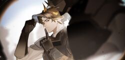 Rule 34 | 2boys, absurdres, arknights, armor, bright pupils, brown hair, chinese commentary, chongyue (arknights), closed mouth, commentary request, dragon horns, earrings, finger to mouth, hands up, highres, horns, index finger raised, jewelry, looking at viewer, male focus, multicolored hair, multiple boys, outdoors, pauldrons, pointy ears, red eyes, shoulder armor, slit pupils, somnolence (hranxy), streaked hair, upper body, white pupils