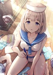 1girl absurdres bikini blue_eyes blue_neckerchief blue_sailor_collar collarbone dixie_cup_hat grey_hair hat highres holding holding_pen idolmaster idolmaster_shiny_colors kusaka_io looking_at_viewer military_hat neckerchief pen sailor_bikini sailor_collar sailor_swimsuit_(idolmaster) serizawa_asahi short_hair side-tie_bikini_bottom sitting solo swimsuit white_bikini white_hat