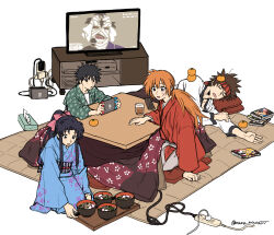 1girl 4boys absurdres bandaged_head bandages black_hair blue_kimono book brown_hair closed_eyes commentary_request cross_scar cup facial_scar floral_print floral_print_kimono food fruit full_body hair_ribbon hakama hakama_pants handheld_game_console headband high_ponytail highres himura_kenshin holding holding_handheld_game_console indoors japanese_clothes kamiya_kaoru kimono kotatsu long_hair long_sleeves looking_at_another low_ponytail lying mame_moyashi mandarin_orange multiple_boys myoujin_yahiko nintendo_switch obi on_side orange_hair pants pink_ribbon ponytail print_kimono red_headband red_kimono ribbon rurouni_kenshin sagara_sanosuke sash scar scar_on_cheek scar_on_face seiza shishio_makoto short_hair sidelocks sitting sleeping spiked_hair table television tissue_box wide_sleeves