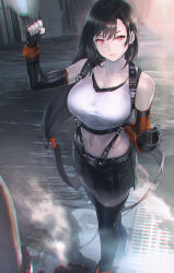 1girl bare_shoulders black_gloves black_hair black_skirt black_thighhighs breasts cropped_shirt earrings final_fantasy final_fantasy_vii final_fantasy_vii_remake fingerless_gloves gloves highres jewelry large_breasts maeshima_shigeki red_eyes shirt skirt solo suspenders thighhighs tifa_lockhart water white_shirt