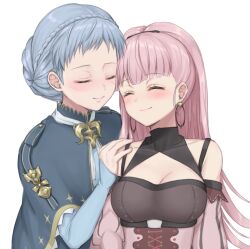 2girls bare_shoulders blue_hair blue_sleeves blush braid breasts cleavage commentary crown_braid earrings fire_emblem fire_emblem:_three_houses haniwa_(8241427) hilda_valentine_goneril hilda_valentine_goneril_(timeskip) hoop_earrings jewelry large_breasts long_hair long_sleeves marianne_von_edmund marianne_von_edmund_(timeskip) multiple_girls nintendo pink_hair pink_sleeves simple_background smile upper_body white_background yuri