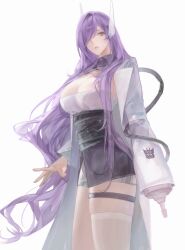 Rule 34 | 1girl, arm cannon, ashi (dongshi389), breasts, coat, decepticon, genderswap, genderswap (mtf), highres, humanization, long hair, looking at viewer, one-eyed, purple hair, shockwave (transformers), solo, transformers, transformers: generation 1, weapon, white background, yellow eyes