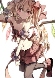 1girl alternate_costume bare_shoulders black_pantyhose blonde_hair bow breasts collarbone crystal flandre_scarlet full_body hat highres looking_at_viewer midriff miniskirt mob_cap natsume_suzuri navel pantyhose red_eyes short_hair side_ponytail simple_background skirt small_breasts solo thighhighs touhou v white_background wings wrist_cuffs