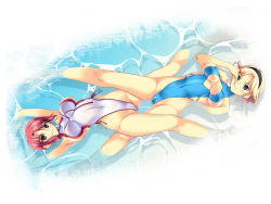 2girls bad_id bad_pixiv_id blonde_hair breasts cameltoe cleavage finger_to_mouth green_eyes highleg highleg_one-piece_swimsuit impossible_clothes impossible_shirt impossible_swimsuit legs lying multiple_girls niko niko_(azurite) one-piece_swimsuit red_hair rina_tachibana rio_rollins shirt super_blackjack swimsuit water
