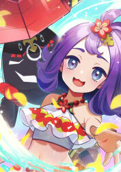 1girl acerola_(pokemon) acerola_(sygna_suit)_(pokemon) blue_eyes gen_7_pokemon hachimitsu_monte legendary_pokemon looking_at_viewer midriff navel nintendo official_alternate_costume open_mouth outstretched_arm petals pokemon pokemon_(creature) pokemon_masters_ex purple_hair signature smile sparkle tapu_bulu upper_body