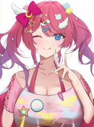 1girl absurdres alternate_costume bear_hair_ornament blue_eyes blush bow breasts cleavage commentary_request crescent crescent_hair_ornament decora gradient_hair hair_bow hair_ornament heisei_retro highres jojifuku kuramochi_meruto large_breasts licking_lips long_hair looking_at_viewer multicolored_hair multicolored_shirt nijisanji one_eye_closed pink_hair purple_hair rainbow_hair_ornament ri_shan sidelocks simple_background solo star_(symbol) star_hair_ornament tongue tongue_out too_many_hair_ornaments twintails upper_body v virtual_youtuber white_background wing_hair_ornament