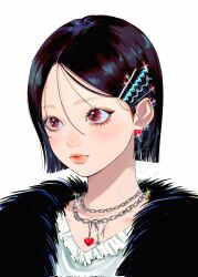 black_hair blush chain chain_necklace closed_mouth collarbone ear_piercing earrings eyelashes fur_jacket hair_ornament hairclip heart heart-shaped_pupils highres jacket jewelry lips looking_afar medium_hair necklace nose_blush original piercing portrait red_eyes shirt signature simple_background symbol-shaped_pupils white_background white_shirt yoshino_ganko