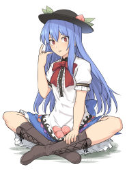 1girl :p \n/ black_hat blouse blue_hair blue_skirt boots bow bowtie brown_boots buttons food frilled_skirt frills fruit full_body hat hinanawi_tenshi leaf long_hair looking_at_viewer lotus_position peach petticoat puffy_short_sleeves puffy_sleeves rainbow_order red_bow red_bowtie red_eyes shirt shiseki_hirame short_sleeves simple_background sitting skirt solo tongue tongue_out touhou white_background white_shirt
