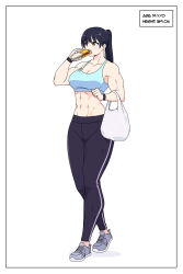 Rule 34 | 1girl, abs, absurdres, arm up, bag, bare arms, bare shoulders, biceps, black hair, black leggings, blue sports bra, blush, breasts, brown eyes, carrying bag, cleavage, collarbone, commentary, drloon, eating, english commentary, english text, food, grey shoes, groceries, groin, hand up, high ponytail, highres, holding, holding food, holding sandwich, large breasts, leggings, long hair, muscular, muscular female, navel, open mouth, original, ponytail, sandwich, shadow, shoes, shopping bag, simple background, sneakers, solo, sports bra, stomach, teeth, upper teeth only, walking, white background