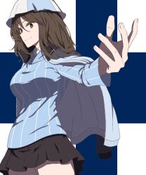 1girl absurdres blue_hat blue_shirt brown_eyes brown_hair closed_mouth commentary cowboy_shot dress_shirt finnish_flag flag_background girls_und_panzer grey_skirt hat highres jacket jacket_on_shoulders keizoku_school_uniform long_hair long_sleeves looking_at_viewer mika_(girls_und_panzer) miniskirt offering_hand oritako pleated_skirt reaching reaching_towards_viewer school_uniform shirt skirt smile solo standing striped_clothes striped_shirt tulip_hat vertical-striped_clothes vertical-striped_shirt white_shirt wing_collar