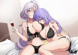 2girls alcohol alternate_costume artist_name bare_arms bare_shoulders bilingual_text black_bow black_bra black_panties blonde_hair bow bra braid braided_bangs breasts champagne_flute cleavage collarbone colored_inner_hair commentary cup drinking_glass english_commentary face_to_breasts feet_out_of_frame gradient_hair green_eyes grey_hair hair_between_eyes half-closed_eyes hand_on_another&#039;s_shoulder hand_on_another&#039;s_waist hand_on_own_ass hand_up headboard highres hololive hololive_indonesia indoors kaiyen lace lace_bra lace_panties large_breasts leaning_on_person lingerie long_hair looking_at_viewer mixed-language_text moona_hoshinova multicolored_eyes multicolored_hair multiple_girls navel on_bed panties parted_bangs pavolia_reine pillow ponytail purple_eyes purple_hair shiny_skin sideboob sitting smile starry_hair stomach thighs two-tone_eyes two-tone_hair underwear very_long_hair virtual_youtuber yellow_eyes