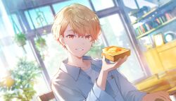 Rule 34 | 1boy, blonde hair, blurry, blurry background, bread, bread slice, butter, chair, colorful festival (project sekai), colorful palette, cup, drink, food, game cg, highres, holding, holding food, jacket, male focus, official alternate costume, official art, open clothes, open jacket, orange eyes, project sekai, shirt, short hair, sitting, solo, teeth, tenma tsukasa, third-party source, toast, white jacket, white shirt