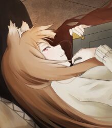 1boy 1girl animal_ear_fluff animal_ears book brown_hair closed_mouth craft_lawrence from_above hands_up highres holding holding_book holo lap_pillow long_hair long_sleeves looking_at_viewer lying makitekka on_side pov red_eyes smile spice_and_wolf tile_floor tiles very_long_hair wolf_ears wolf_girl