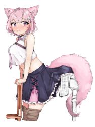 Rule 34 | absurdres, black choker, breasts, chair, choker, clothes lift, clothing cutout, commentary request, cowboy shot, crop top, electric fan, facing viewer, frilled skirt, frills, from side, hair ribbon, hakui koyori, hakui koyori (1st costume), highres, hololive, large breasts, leaning forward, leaning on object, midriff, necktie, pink hair, pink necktie, pink tail, pleated skirt, ribbon, shirt, short hair, simple background, sketch, skirt, skirt lift, sleeveless, sleeveless shirt, suzu coconatu, tail, tail through clothes, tail wrap, thighhighs, turning head, v arms, virtual youtuber, white background, white shirt