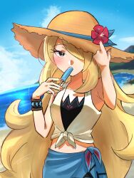 Rule 34 | 1girl, beach, blonde hair, blue sky, blush, brown hat, closed mouth, crop top, cynthia (pokemon), cynthia (summer 2025) (pokemon), eyelashes, flower, food, food in mouth, grey eyes, hair over one eye, hat, hat flower, highres, long hair, looking at viewer, midriff, nintendo, ocean, outdoors, pokemon, pokemon masters ex, popsicle, popsicle in mouth, red flower, sky, solo, toutouart, upper body, very long hair