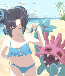 1girl absurdres beach bikini black_hair blue-tinted_eyewear blue_bikini blue_hair breasts closed_eyes cloud cowboy_shot digimon digimon_(creature) digimon_card_game digimon_liberator double_bun hair_bun hand_on_own_hip highres holding holding_removed_eyewear mole mole_under_mouth multicolored_hair navel ocean one_eye_closed open_mouth palm_tree parted_lips sand sangomon sharp_teeth small_breasts smirk streaked_hair sunglasses swimsuit taira_(tairamon) teeth tinted_eyewear tree two-tone_hair unworn_eyewear water yao_qinglan