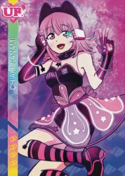 1girl absurdres black_shoes character_name clothes_writing commentary copyright_name danganronpa_(series) danganronpa_2:_goodbye_despair elbow_gloves english_commentary eyelashes fingerless_gloves gloves headset highres idol_clothes jablko15 kneehighs love_live! medium_hair nanami_chiaki pink_eyes shirt shoes skirt sleeveless sleeveless_shirt socks solo star_(symbol) striped_clothes striped_socks two-tone_socks