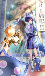 2boys aether_(genshin_impact) ahoge animalization belt black_gauntlets black_leggings black_sandals black_shirt black_sleeves blonde_hair blue_cape blue_gemstone blue_kimono blue_sleeves blunt_ends bodysuit bow bridal_gauntlets bright_pupils camera cape closed_mouth cropped_shirt crossed_arms earrings eyeliner eyeshadow feather_earrings feathers furisode gem genshin_impact gold hakama hakama_shorts hand_on_own_arm highres holding holding_camera japanese_clothes jewelry juban kimono layered_sleeves leg_warmers leggings long_hair looking_at_another low-braided_long_hair low-tied_long_hair makeup multiple_boys nero_hanken open_clothes open_kimono painting_(object) person_and_animalization pleated_shorts pom_pom_(clothes) purple_belt purple_bodysuit purple_bow purple_bridal_gauntlets purple_eyes purple_hair purple_rope purple_shorts red_eyeliner red_eyeshadow rope sandals scaramouche_(cat)_(genshin_impact) scaramouche_(genshin_impact) shirt short_sleeves shorts toenails toes translation_request turtleneck turtleneck_bodysuit vision_(genshin_impact) wanderer_(genshin_impact) watermark white_kimono white_leg_warmers white_pupils white_sleeves wispy_bangs yellow_feathers zouri