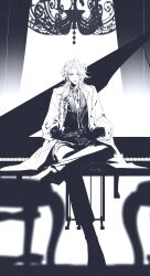1girl chain chain_necklace chandelier chinese_commentary coat commentary curtains elbow_gloves forehead full_body gloves grand_piano greyscale highres instrument interlocked_fingers jacket jewelry lapel_pin lapels long_hair looking_at_viewer meitangsiyan monochrome necklace path_to_nowhere piano shawl_lapels sitting smile solo spot_color stage_curtains stool suit_jacket upswept_hair zoya_(path_to_nowhere)